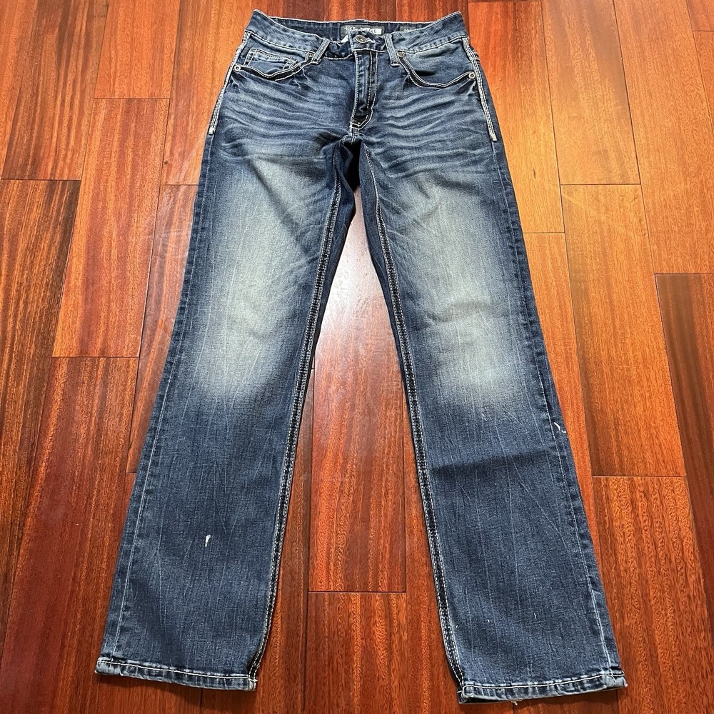 BKE Jeans Mens 29R (29x32) Jake Bootleg Bootcut Blue Dark Wash Fade Grunge *